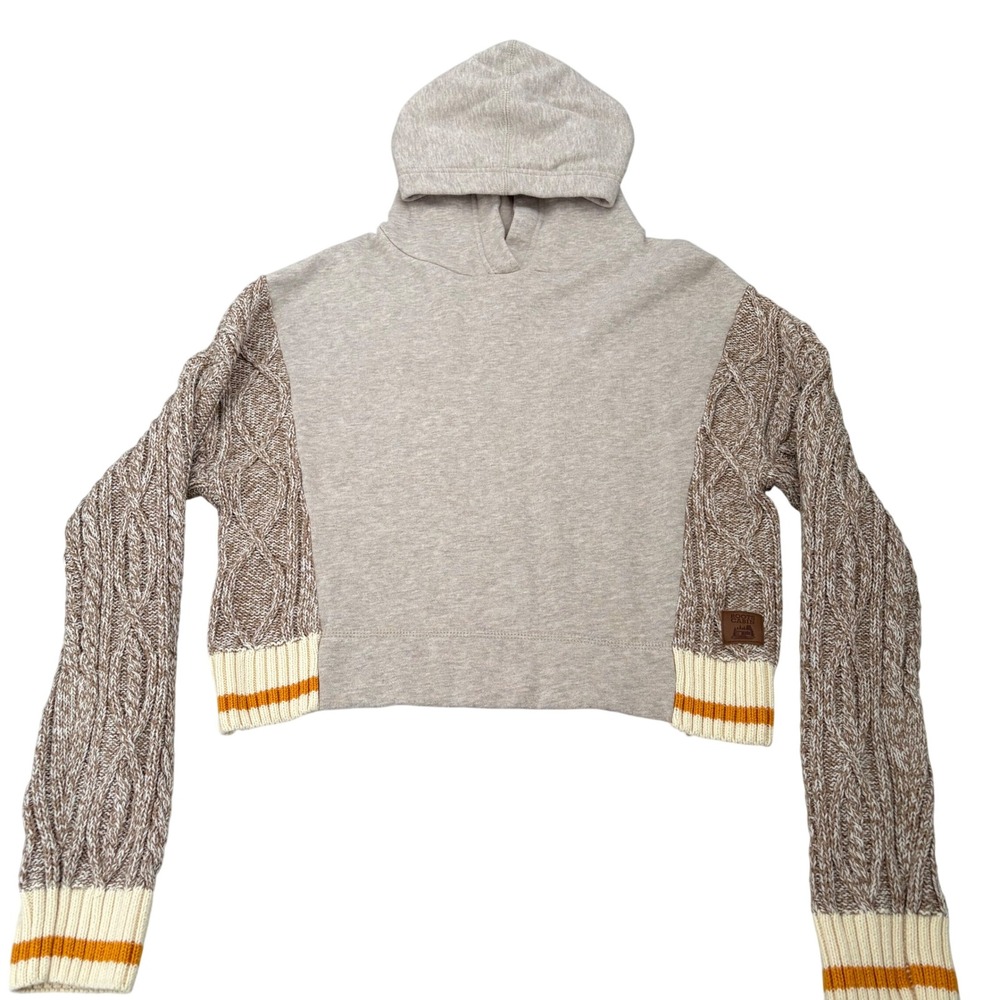 Roots Canada Mixed Media Cable Knit Cropped Hoodie Brown Beige Women's Medium